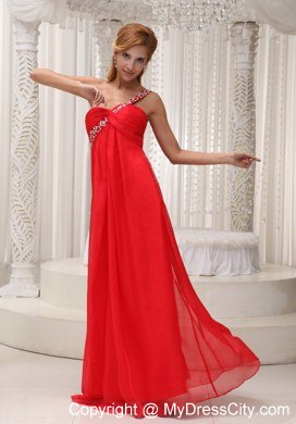 Red One Shoulder Empire Chiffon beading and ruches Prom Dress