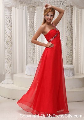 Red One Shoulder Empire Chiffon beading and ruches Prom Dress