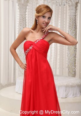 Red One Shoulder Empire Chiffon beading and ruches Prom Dress