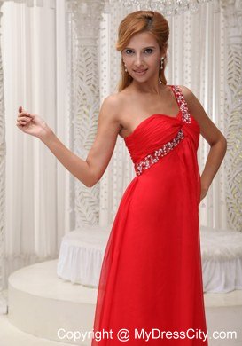 Red One Shoulder Empire Chiffon beading and ruches Prom Dress