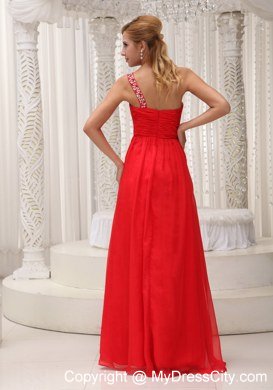 Red One Shoulder Empire Chiffon beading and ruches Prom Dress