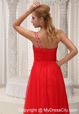 Red One Shoulder Empire Chiffon beading and ruches Prom Dress