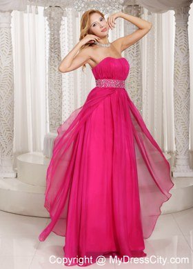 Hot Pink Column Strapless 2013 Prom Dress with Beading and Ruches