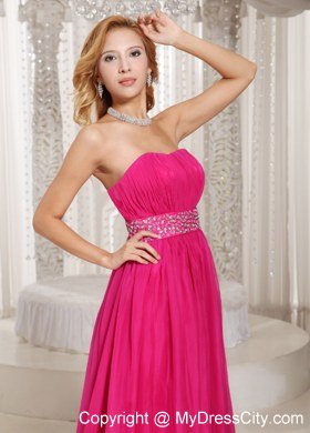 Hot Pink Column Strapless 2013 Prom Dress with Beading and Ruches