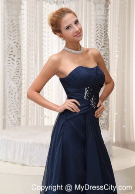 2013 Strapless Navy Blue Chiffon Dress For Prom with Ruches