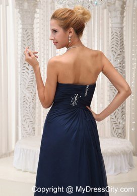 2013 Strapless Navy Blue Chiffon Dress For Prom with Ruches