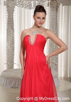 Cheap High Slit Long Dress For Prom Coral Red V-neck With Chiffon