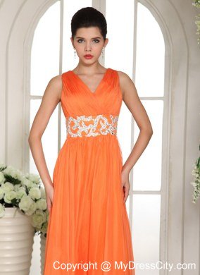 Chiffon Orange Red V-neck Ruches Prom Gown with Beading in Party