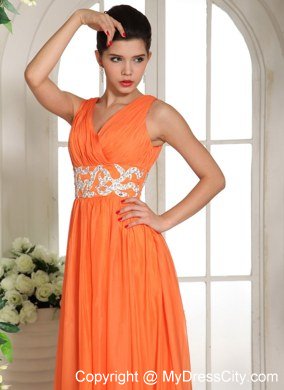 Chiffon Orange Red V-neck Ruches Prom Gown with Beading in Party