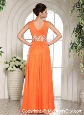 Chiffon Orange Red V-neck Ruches Prom Gown with Beading in Party