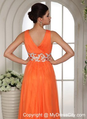 Chiffon Orange Red V-neck Ruches Prom Gown with Beading in Party