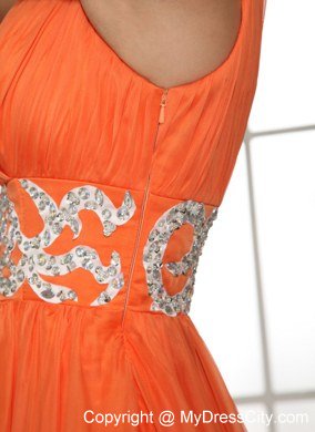 Chiffon Orange Red V-neck Ruches Prom Gown with Beading in Party