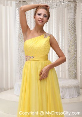 Yellow One Shoulder Beading and Ruches Prom Dresses in 2013