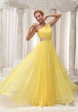 Yellow One Shoulder Beading and Ruches Prom Dresses in 2013