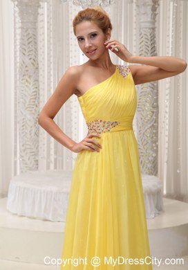 Yellow One Shoulder Beading and Ruches Prom Dresses in 2013