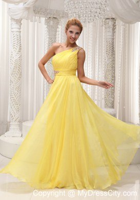 Yellow One Shoulder Beading and Ruches Prom Dresses in 2013