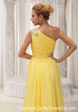 Yellow One Shoulder Beading and Ruches Prom Dresses in 2013