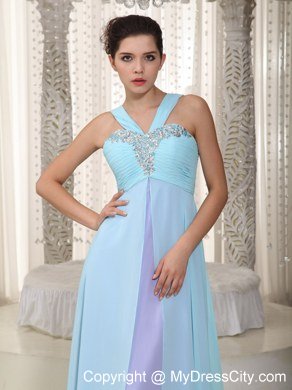 Blue and Purple Straps Chiffon Prom Dress with Ruches and Beading