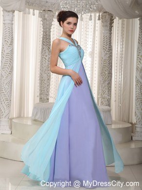 Blue and Purple Straps Chiffon Prom Dress with Ruches and Beading