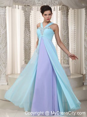 Blue and Purple Straps Chiffon Prom Dress with Ruches and Beading