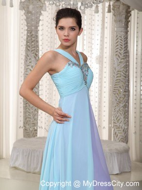 Blue and Purple Straps Chiffon Prom Dress with Ruches and Beading