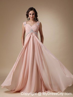 Baby Pink Straps Brush Train Beading Prom Dress with Backless