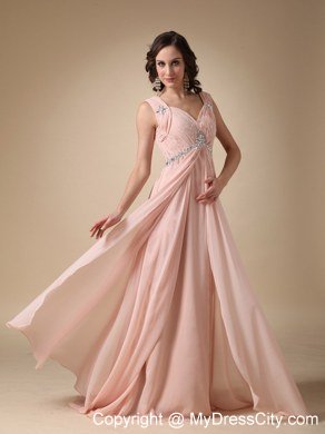 Baby Pink Straps Brush Train Beading Prom Dress with Backless