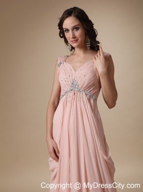 Baby Pink Straps Brush Train Beading Prom Dress with Backless