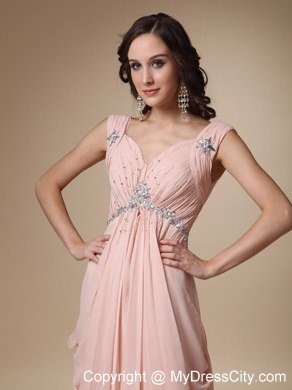 Baby Pink Straps Brush Train Beading Prom Dress with Backless