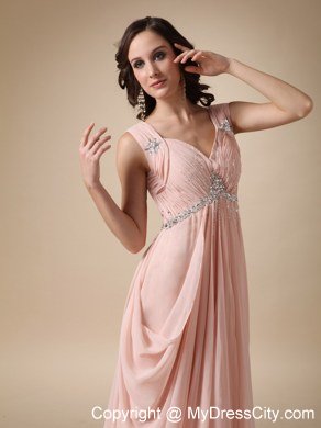 Baby Pink Straps Brush Train Beading Prom Dress with Backless