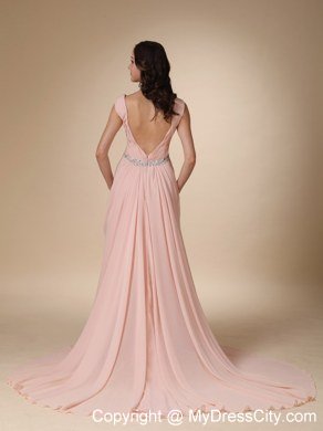 Baby Pink Straps Brush Train Beading Prom Dress with Backless