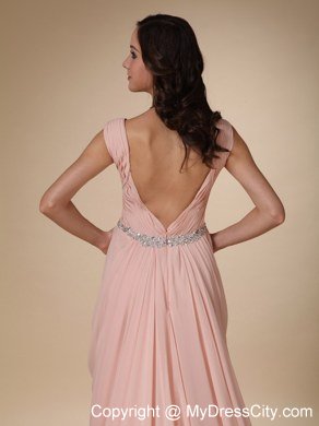 Baby Pink Straps Brush Train Beading Prom Dress with Backless