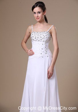 High Slit Beading and Ruches Spaghetti Straps White Prom Dress