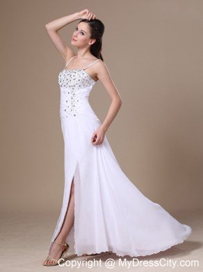 High Slit Beading and Ruches Spaghetti Straps White Prom Dress