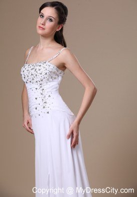 High Slit Beading and Ruches Spaghetti Straps White Prom Dress