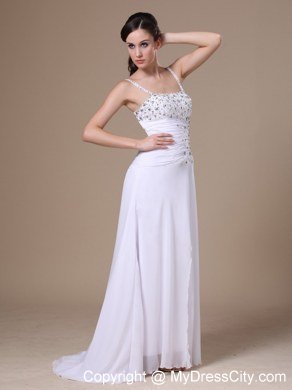 High Slit Beading and Ruches Spaghetti Straps White Prom Dress