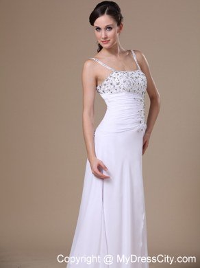 High Slit Beading and Ruches Spaghetti Straps White Prom Dress