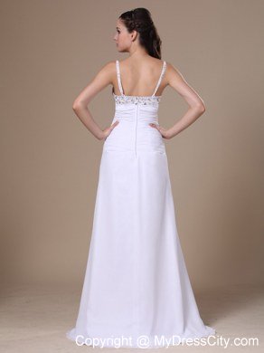 High Slit Beading and Ruches Spaghetti Straps White Prom Dress