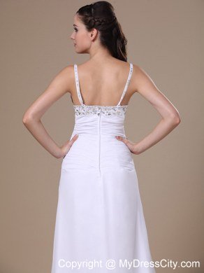 High Slit Beading and Ruches Spaghetti Straps White Prom Dress