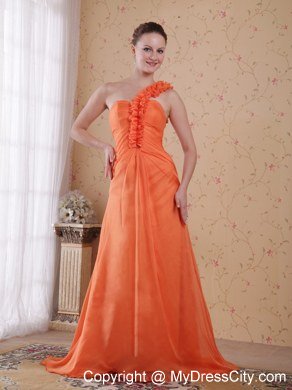 Orange Red Flower One Shoulder Chiffon Prom Dress with Ruches