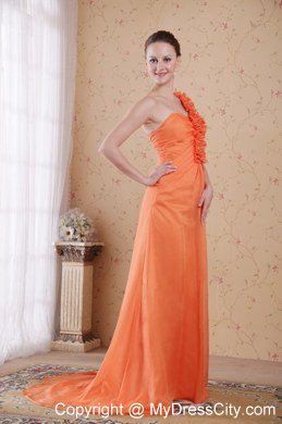 Orange Red Flower One Shoulder Chiffon Prom Dress with Ruches