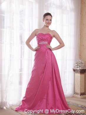 Hot Pink A-Line Beading Prom Dress with Sweetheart Court Train