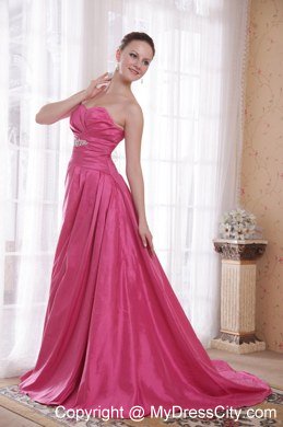 Hot Pink A-Line Beading Prom Dress with Sweetheart Court Train