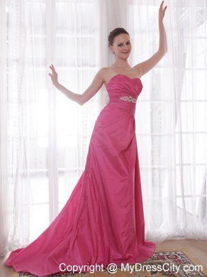 Hot Pink A-Line Beading Prom Dress with Sweetheart Court Train