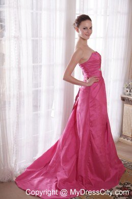 Hot Pink A-Line Beading Prom Dress with Sweetheart Court Train