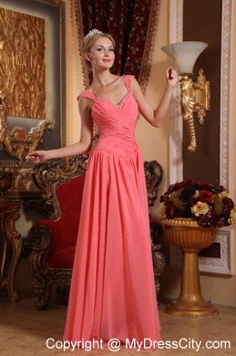 Watermelon V-neck Cap Sleeves Lace-up Chiffon Ruches Prom Dress