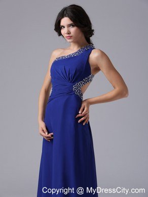 Peacock Blue One Shoulder Beading Prom Dress with Side Cut Out