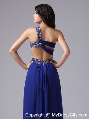 Peacock Blue One Shoulder Beading Prom Dress with Side Cut Out