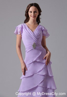 Lavender V-neck Ruffled Layers Prom Dress With Short Sleeves