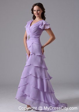 Lavender V-neck Ruffled Layers Prom Dress With Short Sleeves